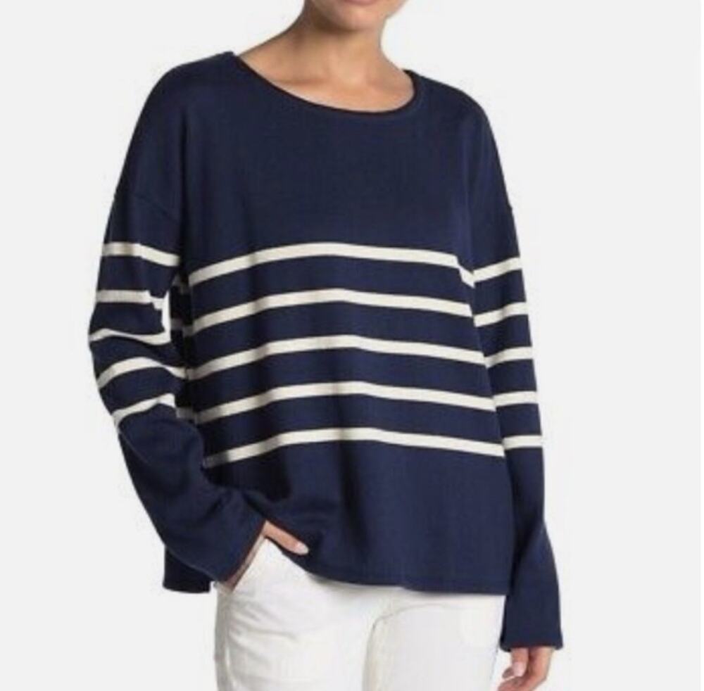 Eileen Fisher Womens Navy & White Organic Cotton Stripe Knit Sweater M Boxy